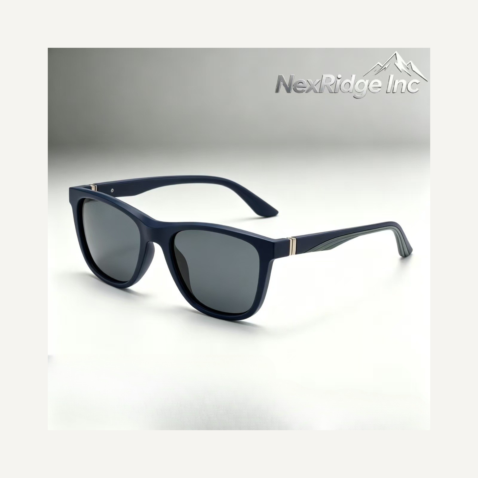 Midnight navy square sunglasses in a studio setting